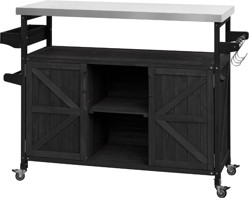 Outdoor Grill Table Bar Cart with Stainless Steel Top, Farmhouse Solid Wood Outdoor Kitchen Island with Spice Rack and Towel Rack, Rolling Island Cart for Kitchen, BBQ, Garden, Patio, Black