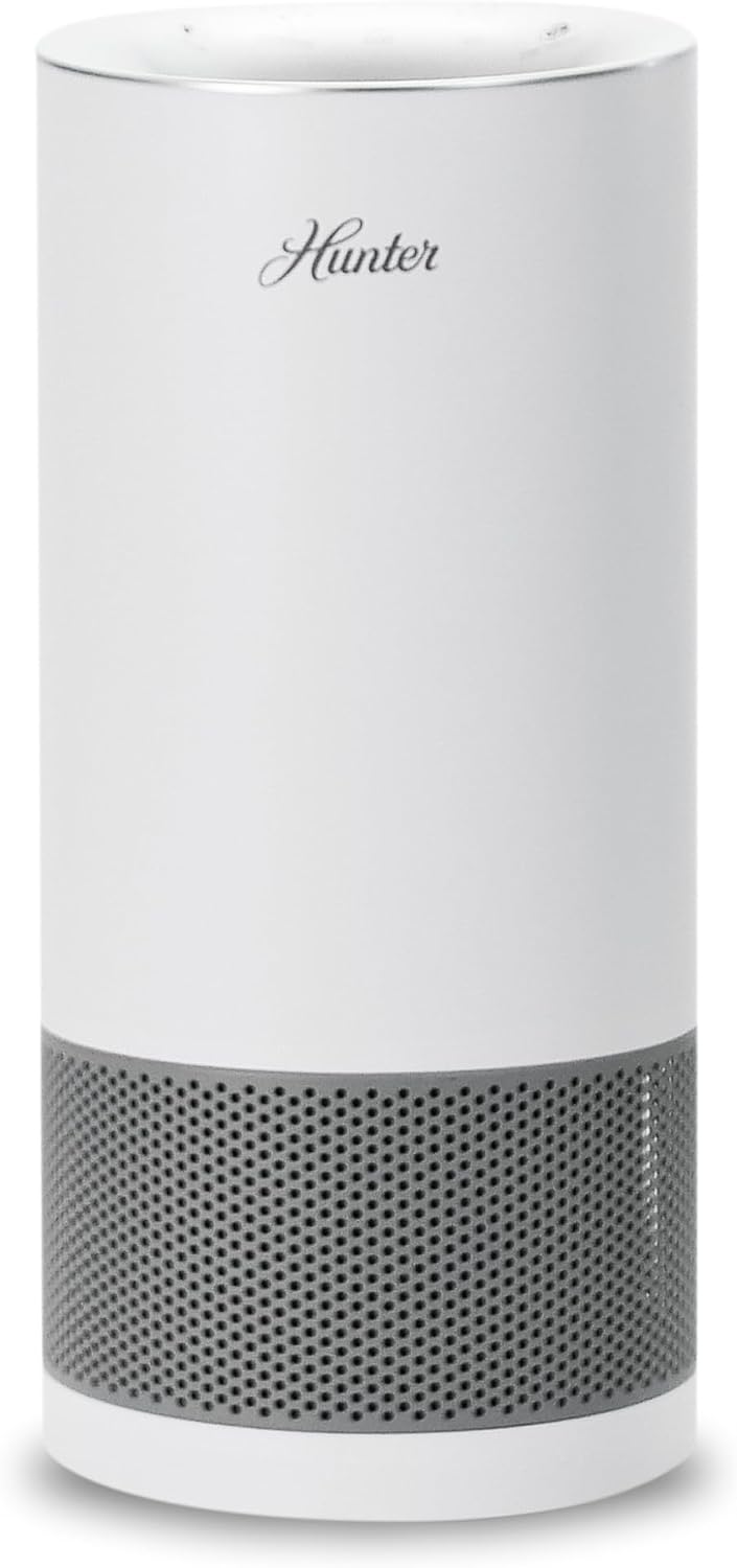 Hunter Fan Company HP400 Round Tower Air Purifier for Small Rooms, Featuring True HEPA Filtration and EcoSilver® Pre-Filter for Allergy and Asthma Relief, White and Silver