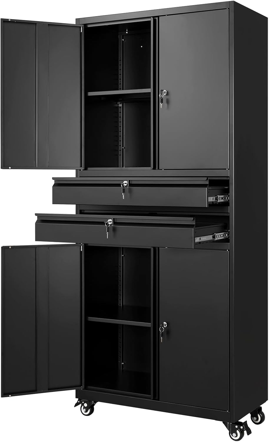 Yizosh Metal Garage Storage Cabinet with Locking Doors and Adjustable Shelves, 74' Rolling Tool Storage Cabinet with 4 Wheels and 2 Drawer for Garage,Warehouse