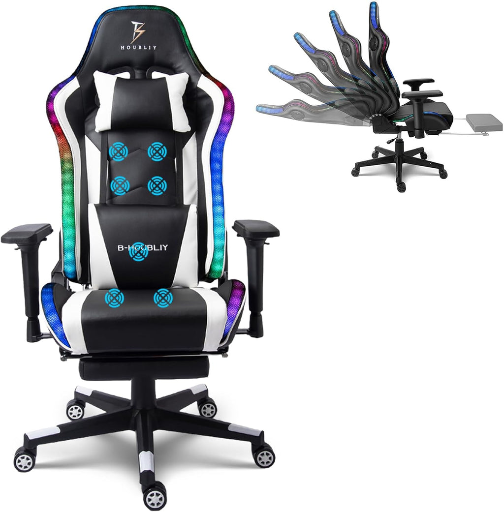 RGB Gaming Chair with Speakers and LED Lights,Ergonomic Massage Computer Game Chair with Footrest,High Back Music Video Game Chair with Lumbar Support,White