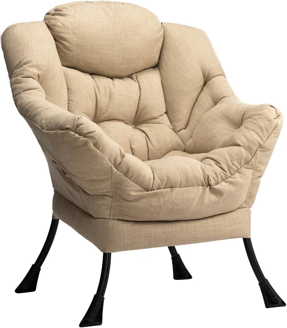 HollyHOME Lazy Chair with Armrest and Side Pocket, Comfy Accent Lounge Chair,Leisure Sofa Armchair for Living Room, Bedroom, Dorm, or Small Spaces, Oversized Reading Sofa Chair,Cotton-Linen Tan