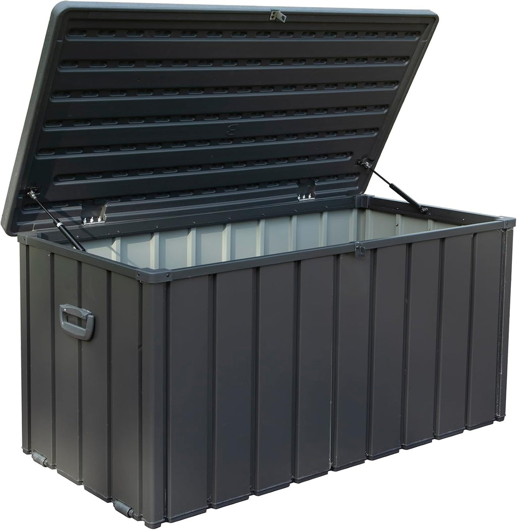 Deck Box 100 Gallon, Patio Storage Cabinet, Waterproof Outdoor Storage, Resin Lid Metal Patio Storage Bin with Lockable, Dark Gray