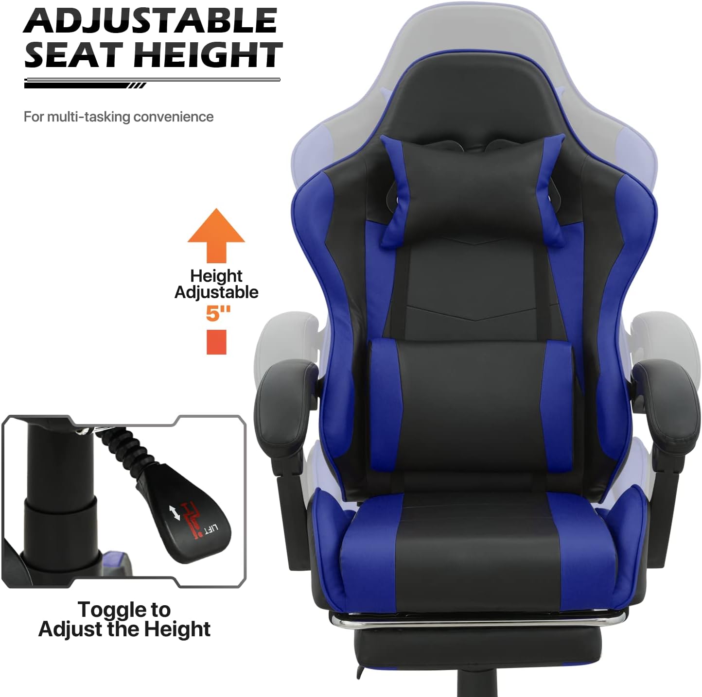 MoNiBloom Gaming Chair with Headrest & Lumbar Support Ergonomic Computer Racing Chair with Footrest, Adjustable Hight Leather Swivel Computer Chair for Adult Teen Office or Gaming, Blue