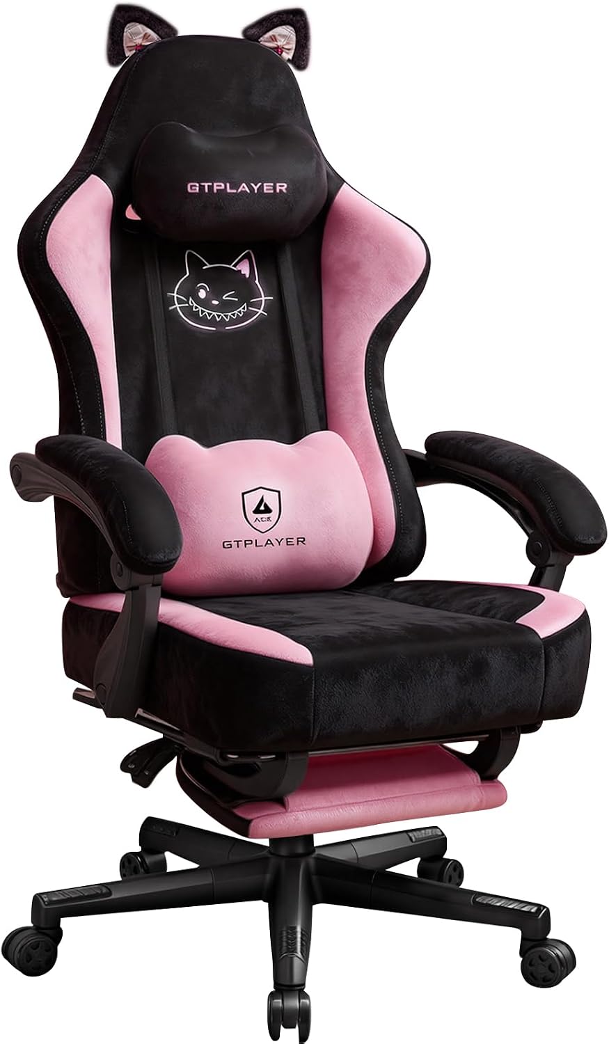 GTPOFFICE Cute Gaming Chair with Cat Ears,Ergonomic Computer Chair with Footrest Cat Paw Lumbar Support Comfortable Reclining Game Chair Desk Chair for Adult Teens, Soft Fabric, Pink Black