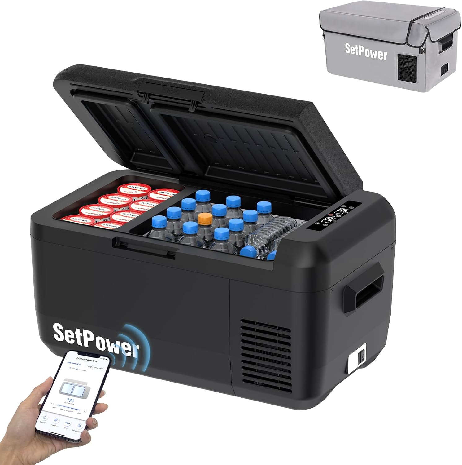 Setpower RF30 12V Portable Electric Cooler with APP Control & Cover, 32QT (30L) Dual Zone Fridge Freezer for Cars, Camping, RVs, SUVs, and Travel