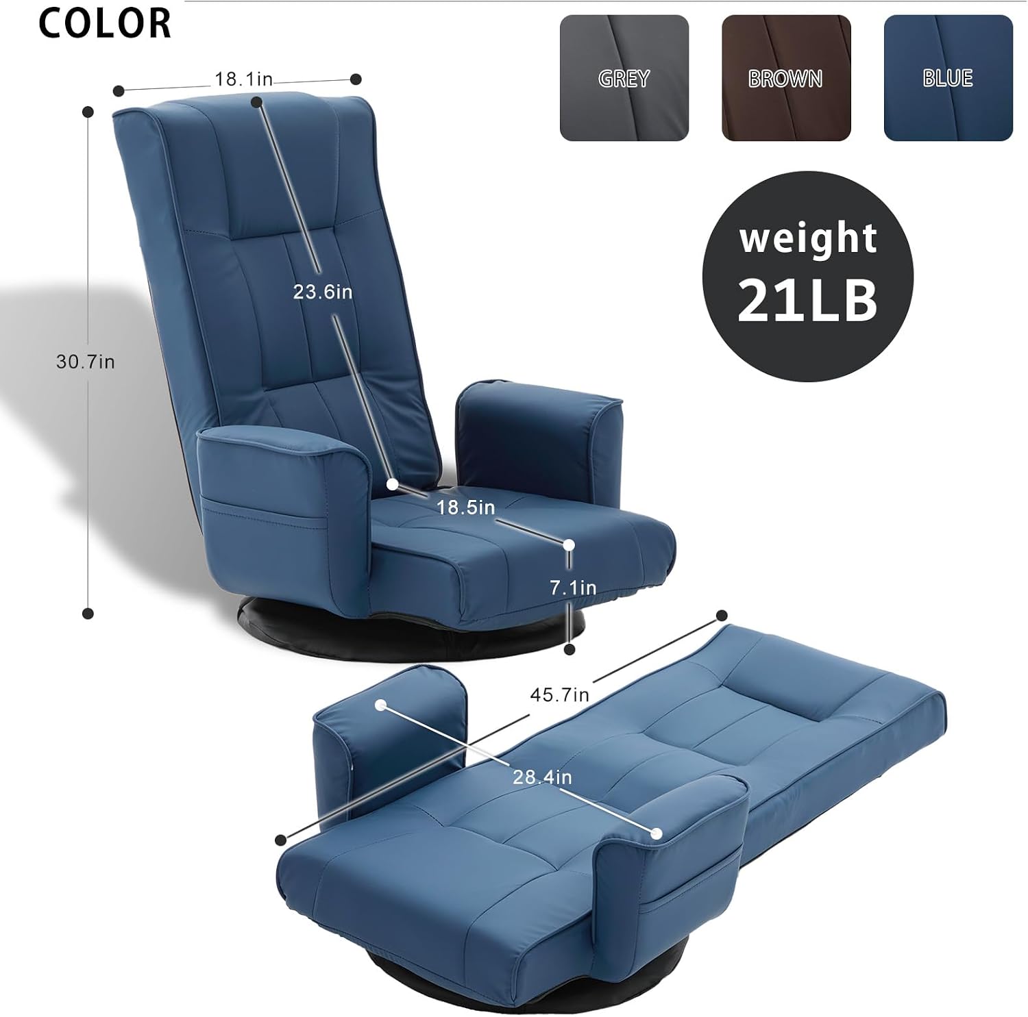 360° Swivel Floor Chair with Armrests, 14-Position Adjustable Floor Lounger for Adults, Folding Padded Floor Seat with Backrest for Gaming, Reading & Living Room (Blue)