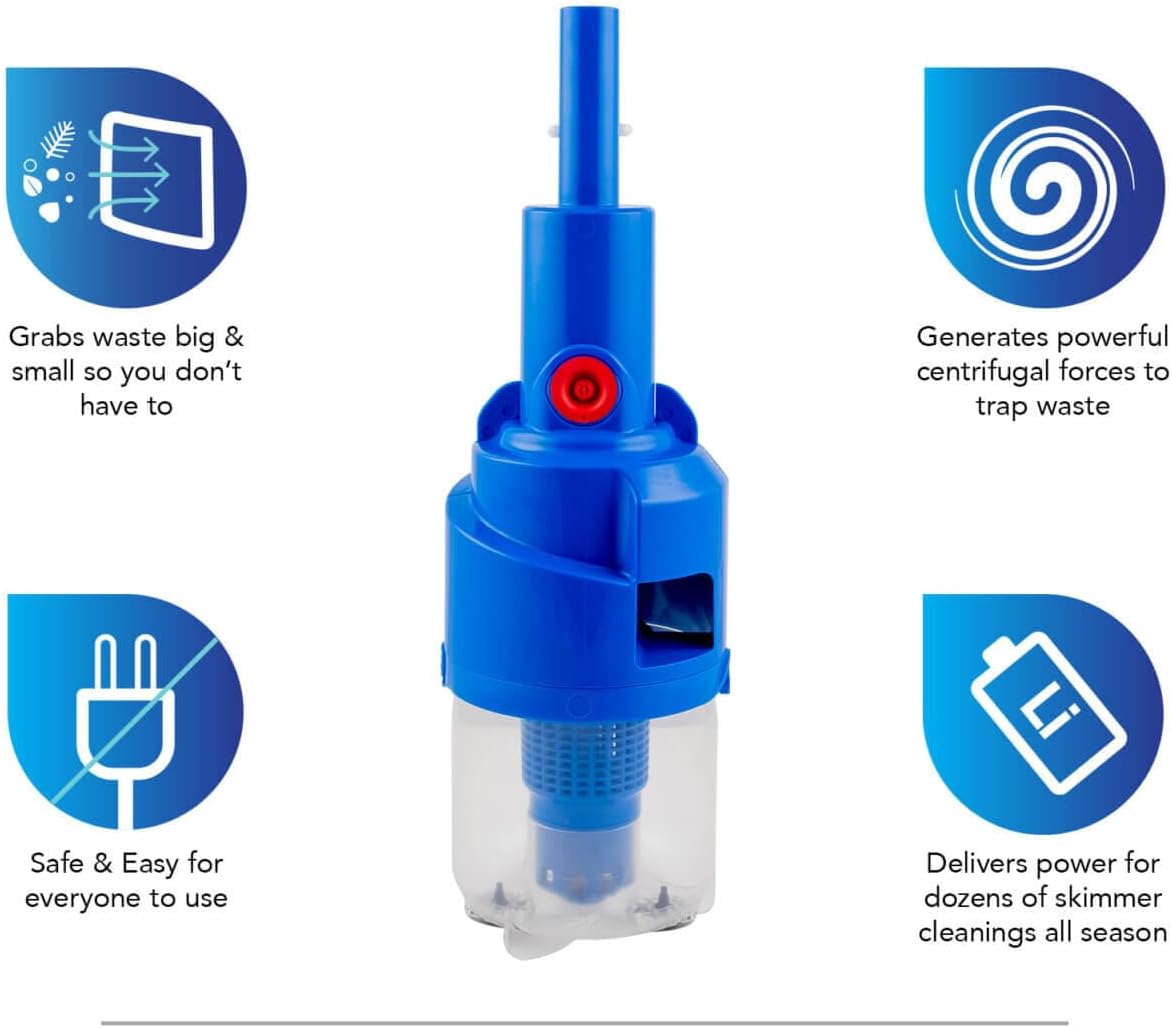 POOL BLASTER Dynamo Pool Skimmer Basket Vacuum – Cordless, Hands-Free Swimming Pool Skimmer Cleaner, No Bending Over or Touching Debris – Battery-Powered Vac Compatible with Most Baskets