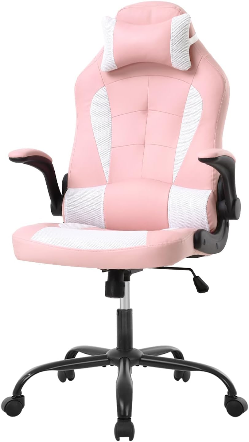Ruesleag PC Gaming Racing Chair Ergonomic Office Computer Chair HIgh Back Video Racing Chair w/Lumbar Support Flip Up Arms Headrest PU Leather Study Desk Chair Executive Office Chair for Adults,Pink