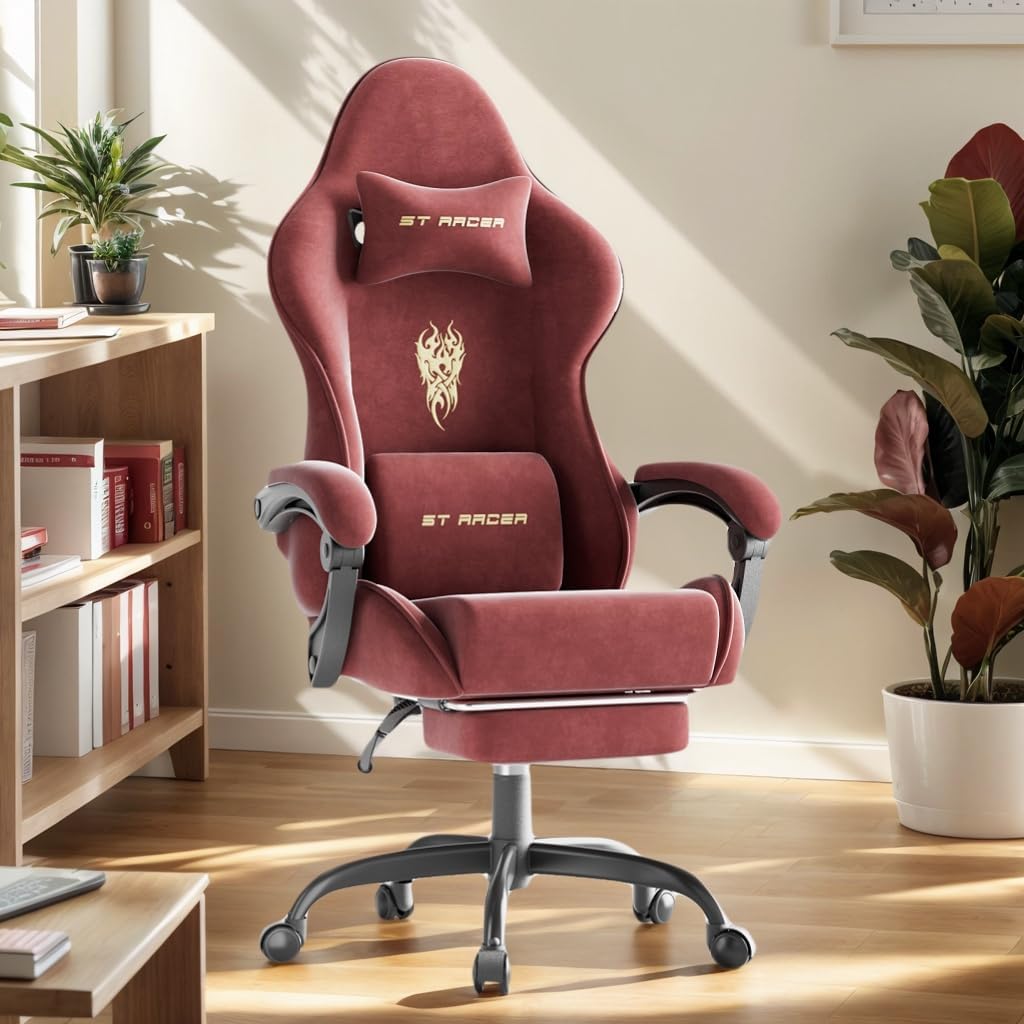 Soontrans Velvet Fabric Gaming Chair for Adult, Ergonomic Comfortable Video Gamer Chair with Footrest, Reclining Office Computer Desk Game Chairs with Massage Lumbar Cushion,Headrest