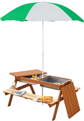 Outsunny Kids 3 in 1 Sand and Water Table, Wooden Outdoor Convertible Picnic Table with Umbrella and Storage Inside, Bench Backyard Furniture for Garden, Patio, or Balcony