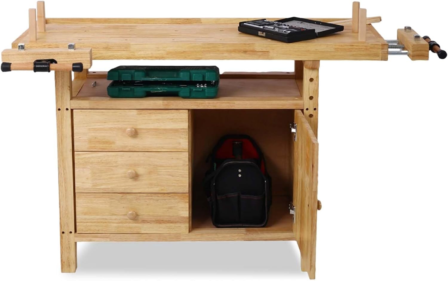 55' Rubber Wood Workbench, Heavy Duty Work Bench with Drawer& Shelf, Work Bench Table for Garage, Workshop, Home Storage, Woodworking Bench, 330 lbs Weight Capacity (55 ')