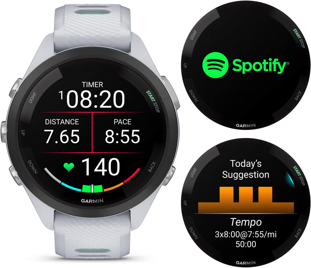 Garmin Forerunner 265S Music GPS Running 42 mm Smartwatch, Whitestone with AMOLED 1.1in Touchscreen Display Black Earbuds Bundle, White +Blk EarBuds