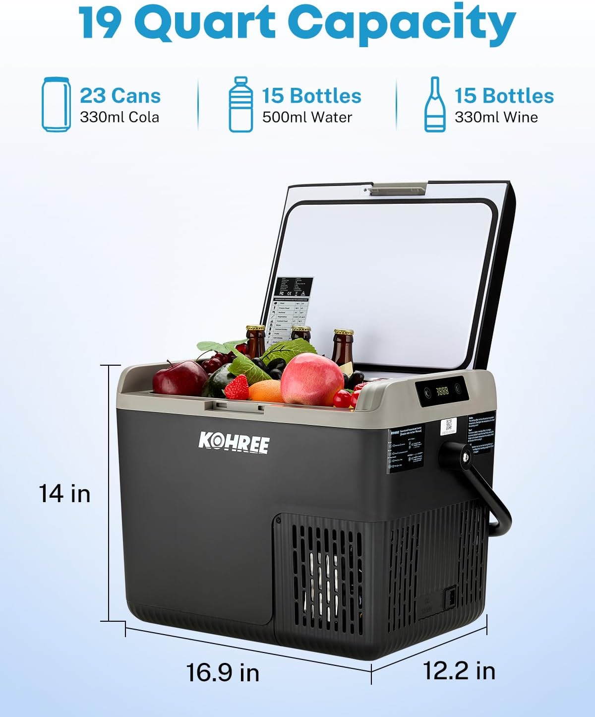 Kohree 12 Volt Car Refrigerator, 19QT(18L) Car Fridge with Large Handle, -4℉~68℉ 12V Electric Cooler 12/24V DC 12/24V DC, 110-240V AC Compressor Portable Freezer for Camping Road Trips Travel