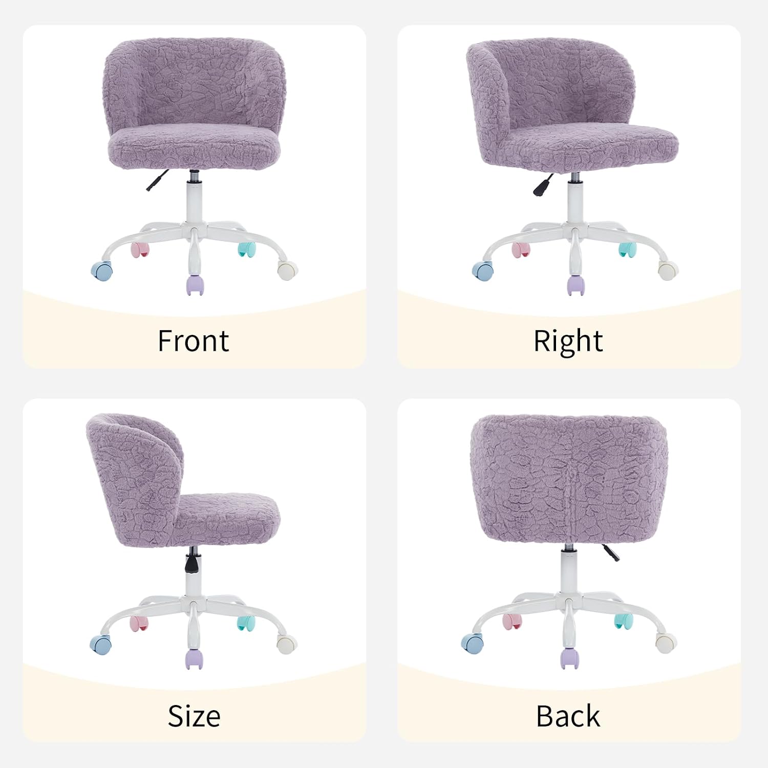 Shenyon Purple Faux Fur Vanity Chair, Adjustable Swivel Home Office Chair with Colorful Wheels and Metal Base, Cute Makeup Chair for Women, Teens & Girls(Purple)