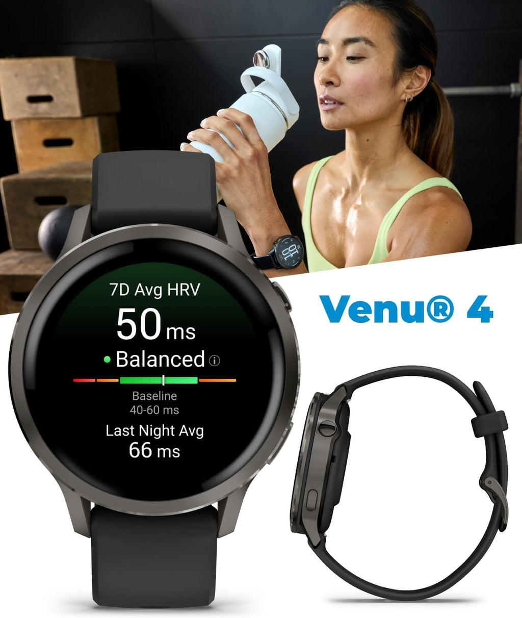 Garmin Venu 4 41mm AMOLED Advanced Health & Fitness GPS Smartwatch, Bright & Colorful Display, Built-in Flashlight, Up to 10 Days, Slate with Black Silicone Band w/Wearable4U PowerBank Bundle
