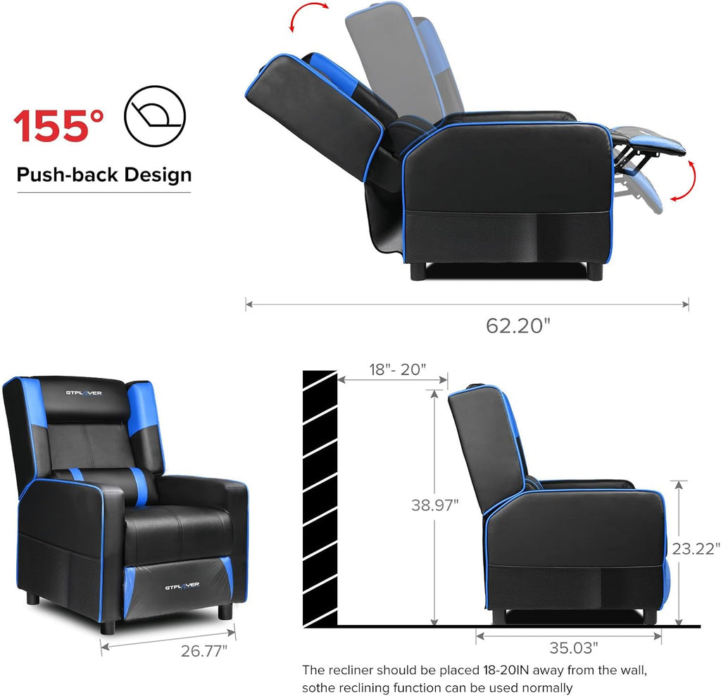 GTPLAYER Gaming Recliner Chair for Living Room Racing Style Single PU Leather Gaming Sofa for Adults Modern Game Recliners Ergonomic Comfortable Home Theater Seating, Blue