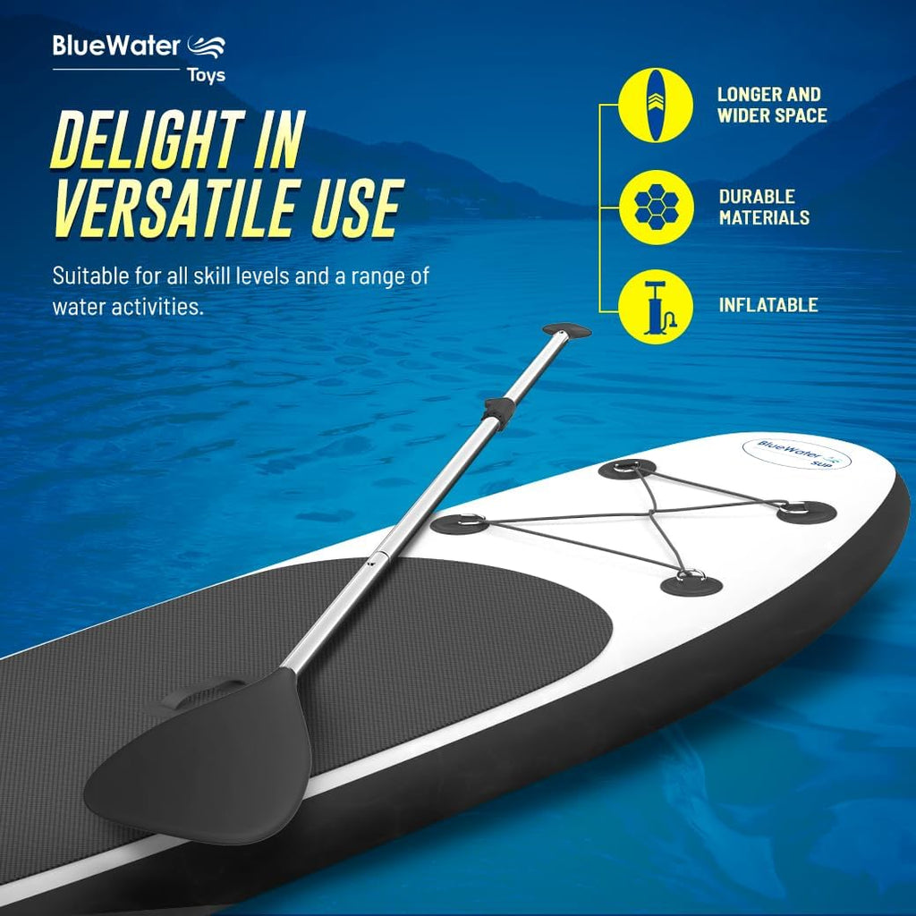 Blue Water Toys Portable Inflatable Stand Up Paddle Board Kit | 11ft x 34in Nylon & Mesh Inflatable Paddle Board with 100% UV-Resistant EVA Pad, Pump, Backpack, Coil Leash & Repair Kit (Black/White)