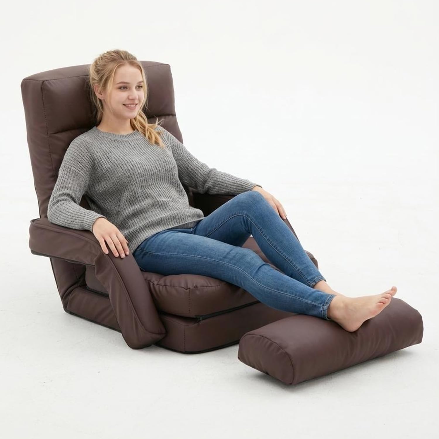 Floor Chair, Floor Gaming Chair with 14 Adjustable Position&Back Support, Folding Lounge Chair with Armrest for Adults, Lazy Sofa Lounger with Comfy Cushion for Living Room,Bedroom,PU,Coffee