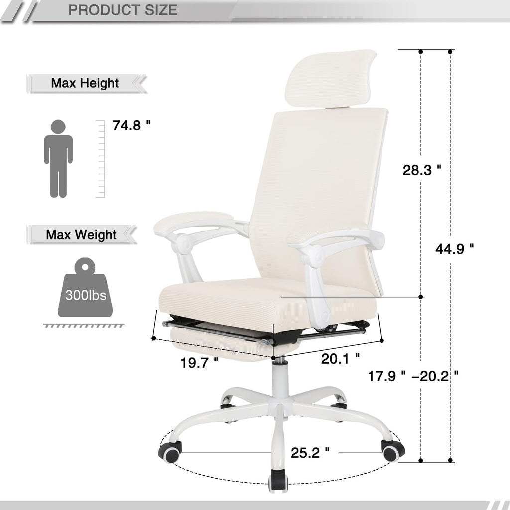 Qulomvs Mesh Ergonomic Office Chair with Footrest Home Office Desk Chair with Headrest and Backrest 90-135 Adjustable Computer Executive Desk Chair with Wheels 360 Swivel Task Chair