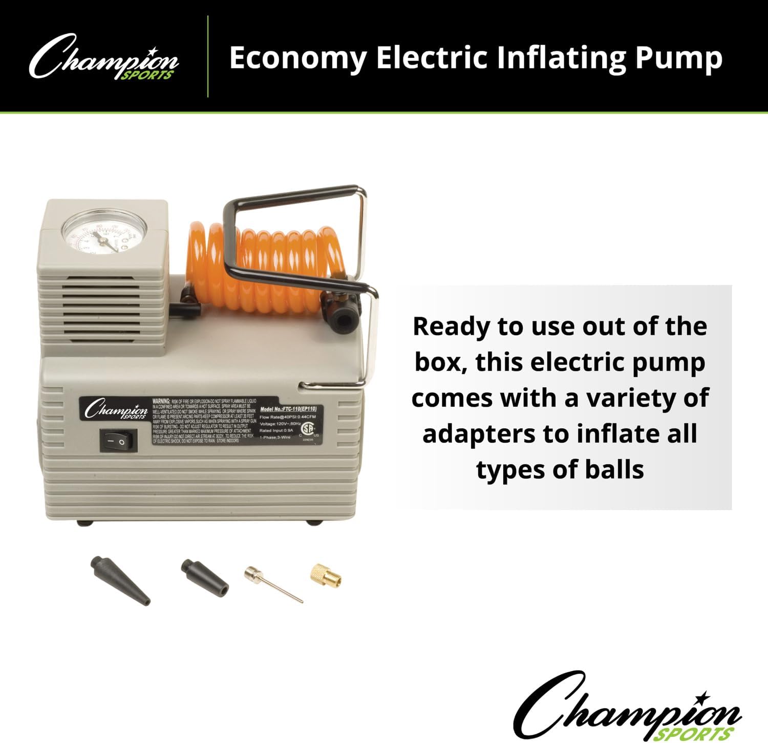 Champion Sports Electric Ball Inflator – Quiet High-PSI Air Compressor & Ball Pump for Sports Balls, 110–120V AC