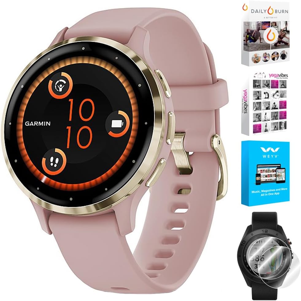Garmin 010-02785-03 Venu 3S Health Fitness GPS Smartwatch Gold Steel Bezel with Dust Rose Case 41mm | Official USA Partner Model | Bundle with Deco Screen Protector, Fitness & Wellness Suite