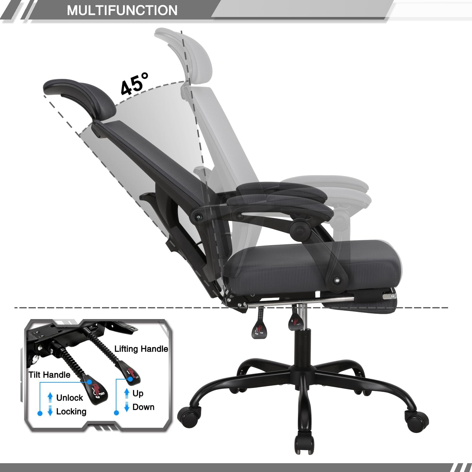 Qulomvs Mesh Ergonomic Office Chair with Footrest Home Office Desk Chair with Headrest and Backrest Adjustable Computer Executive Desk Chair with Wheels 360 Swivel Task Chair