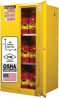 Justrite 60 Gallon Self Close Flammable Storage Cabinet, 18 Gauge Steel, 2 Shelves, 2 Door Fire Cabinet, 65' x 34' x 34', Made in The USA, Yellow, 896020