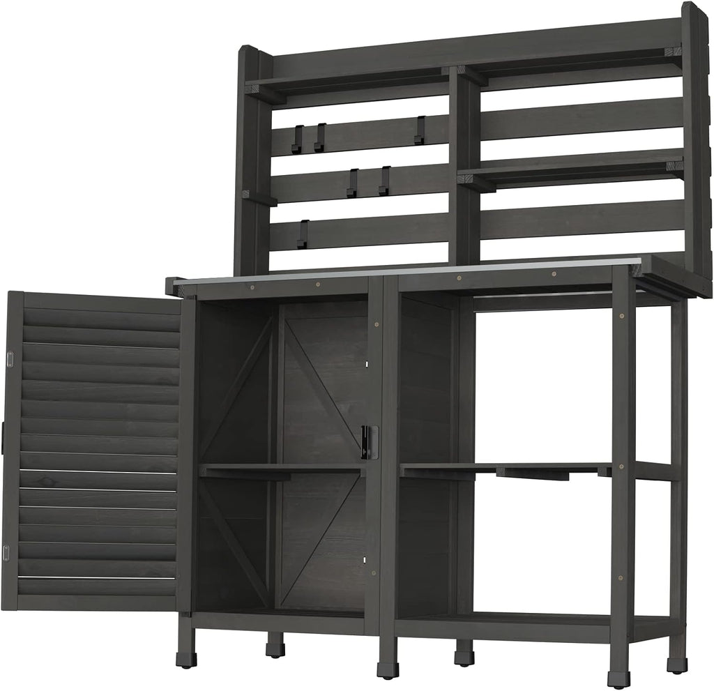 GDLF Potting Bench Table Large Garden Outdoor Work Bench Metal Tabletop Workstation with Storage Cabinet Shelf Dark Grey