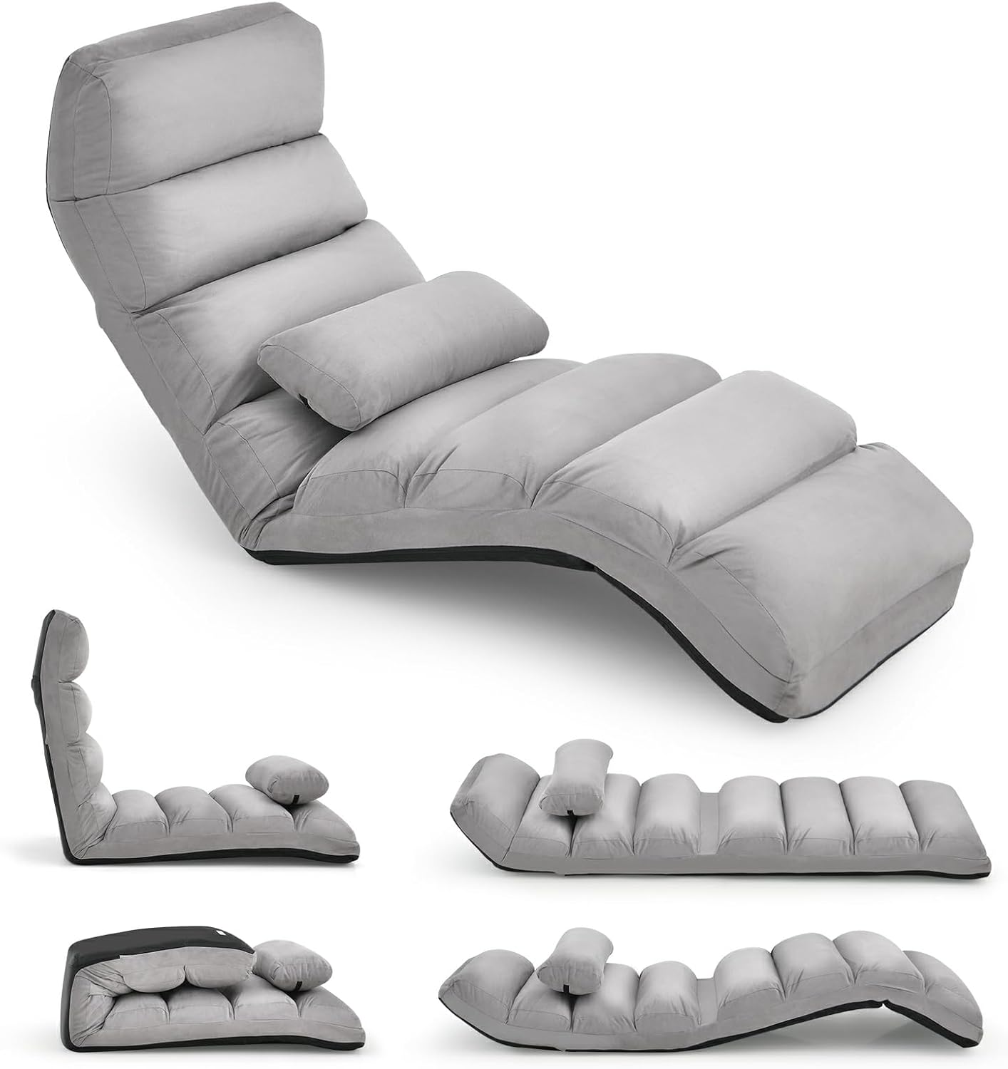 Moccha Floor Chairs for Adults, Adjustable 5-Position Floor Lounger w/Thick Padded & Pillow, No Assembly Folding Lazy Sofa Chair for Gaming, Light Weight Chaise Lounge (Without Armrest, Grey)