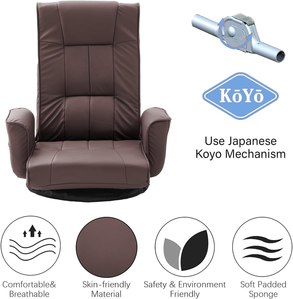 360° Swivel Floor Chair with Armrests, 14-Position Adjustable Floor Lounger for Adults, Folding Padded Floor Seat with Backrest for Gaming, Reading & Living Room (Brown)