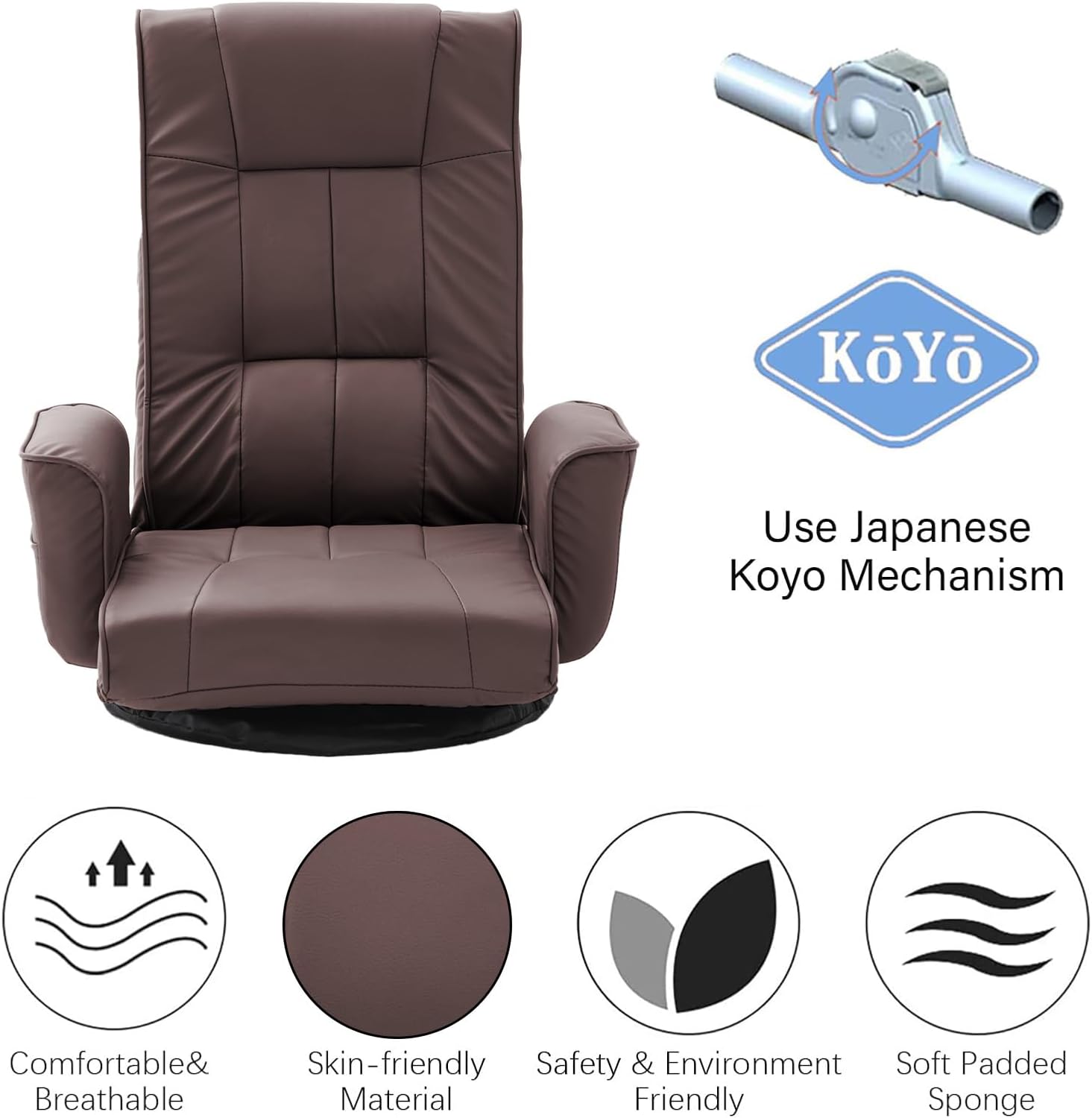 360° Swivel Floor Chair with Armrests, 14-Position Adjustable Floor Lounger for Adults, Folding Padded Floor Seat with Backrest for Gaming, Reading & Living Room (Brown)