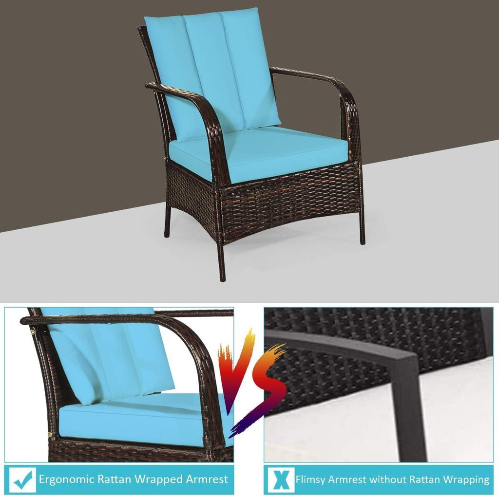 COSTWAY 3 Pieces Patio Rattan Furniture Set, Outdoor Conversation Chair Set with Coffee Table & 2 Cushions for Backyard, Porch, Poolside, Lawn, Garden, Turquoise