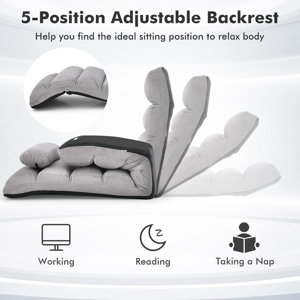 Moccha Floor Chairs for Adults, Adjustable 5-Position Floor Lounger w/Thick Padded & Pillow, No Assembly Folding Lazy Sofa Chair for Gaming, Light Weight Chaise Lounge (Without Armrest, Grey)