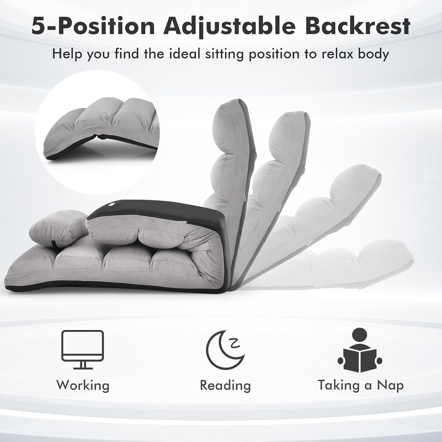 Moccha Floor Chairs for Adults, Adjustable 5-Position Floor Lounger w/Thick Padded & Pillow, No Assembly Folding Lazy Sofa Chair for Gaming, Light Weight Chaise Lounge (Without Armrest, Grey)