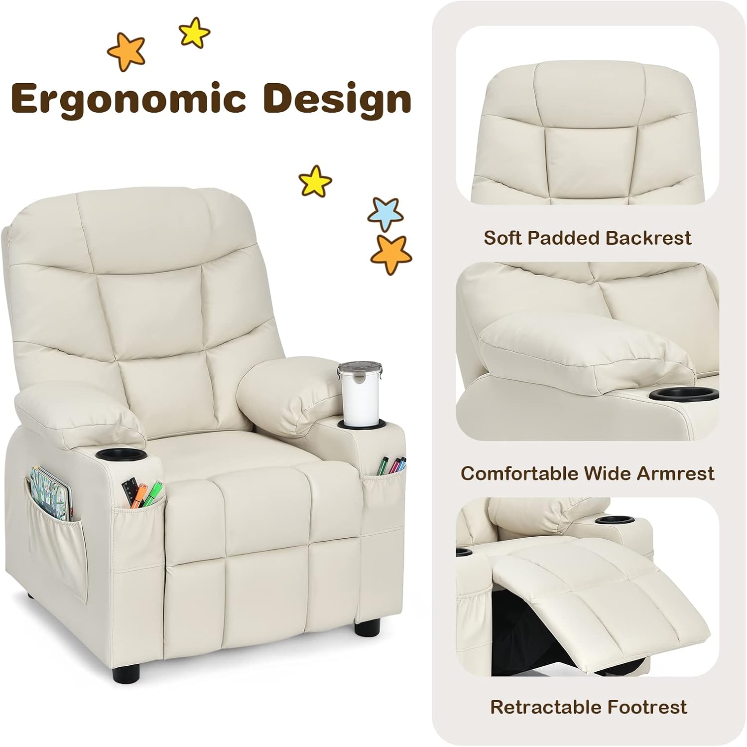MAT EXPERT Kids Recliner, Leather Adjustable Reading Gaming Chair w/ 2 Cup Holder, 3 Side Pocket Storage & Footrest, Kids Couch Toddler Lounge Chair for Boys Girls, Kids Room Playroom Nursery (Beige)