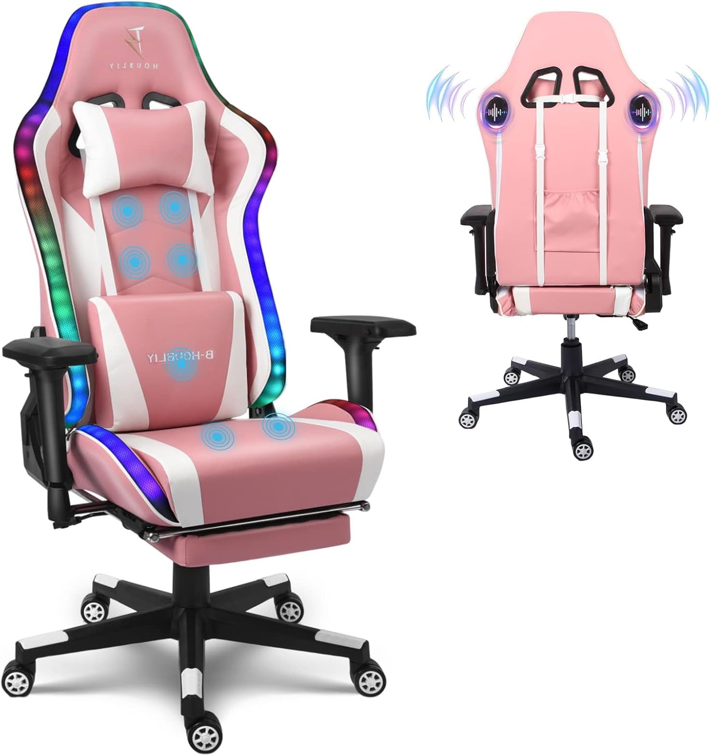 Computer Gaming Chair with RGB Lights, Video Gaming Chair with Speakers,Ergonomic Gaming Chair with Footrest, Adjustable Height Office Desk Chair with Wheels, Breathable Leather,Pink