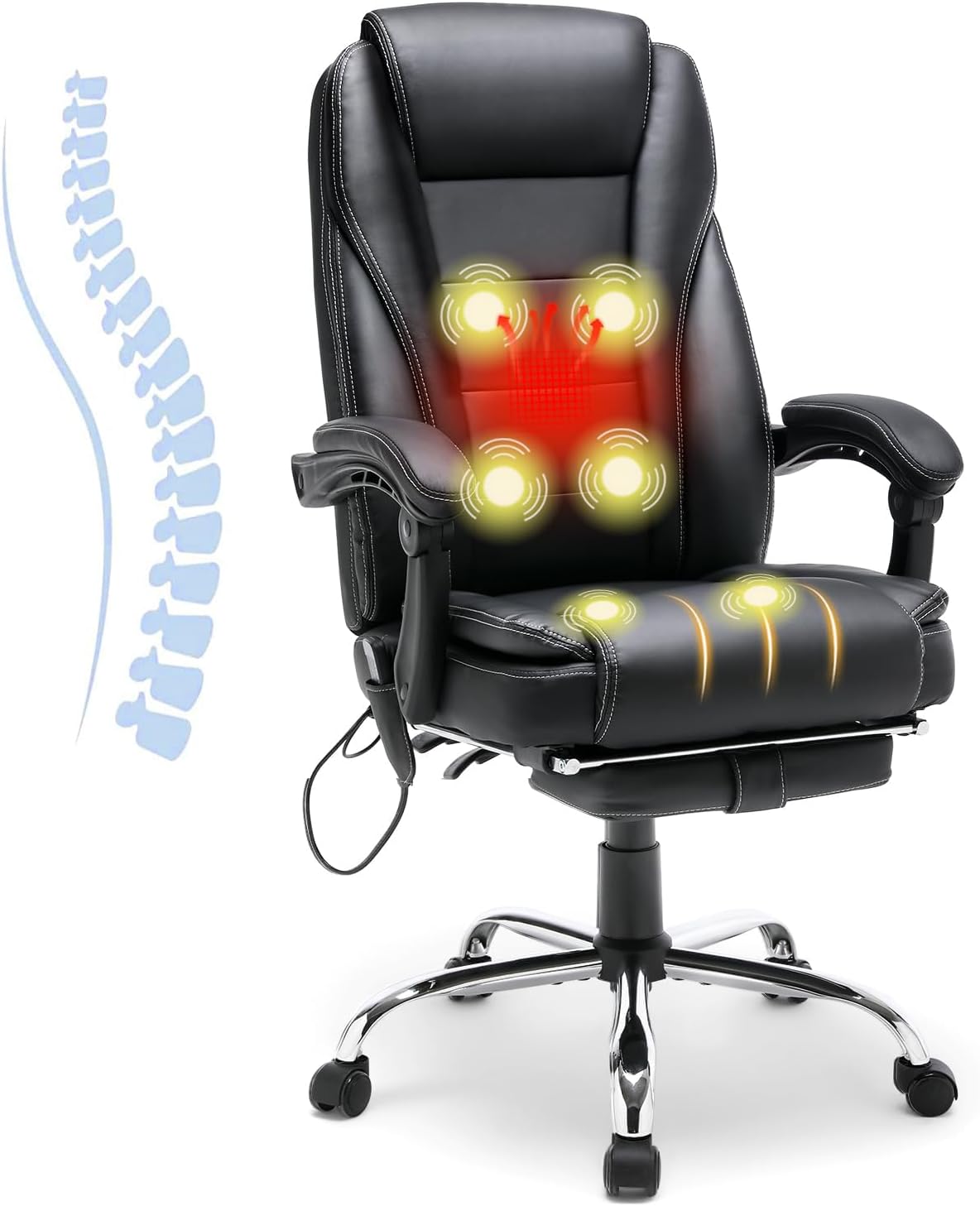 HOMREST 6-Point Massage Reclining Office Chair, Leather Heating Executive Chair, Ergonomic Home Office Desk Chair with Retractable Footrest,Computer Chair for Home Office, Study, Gaming