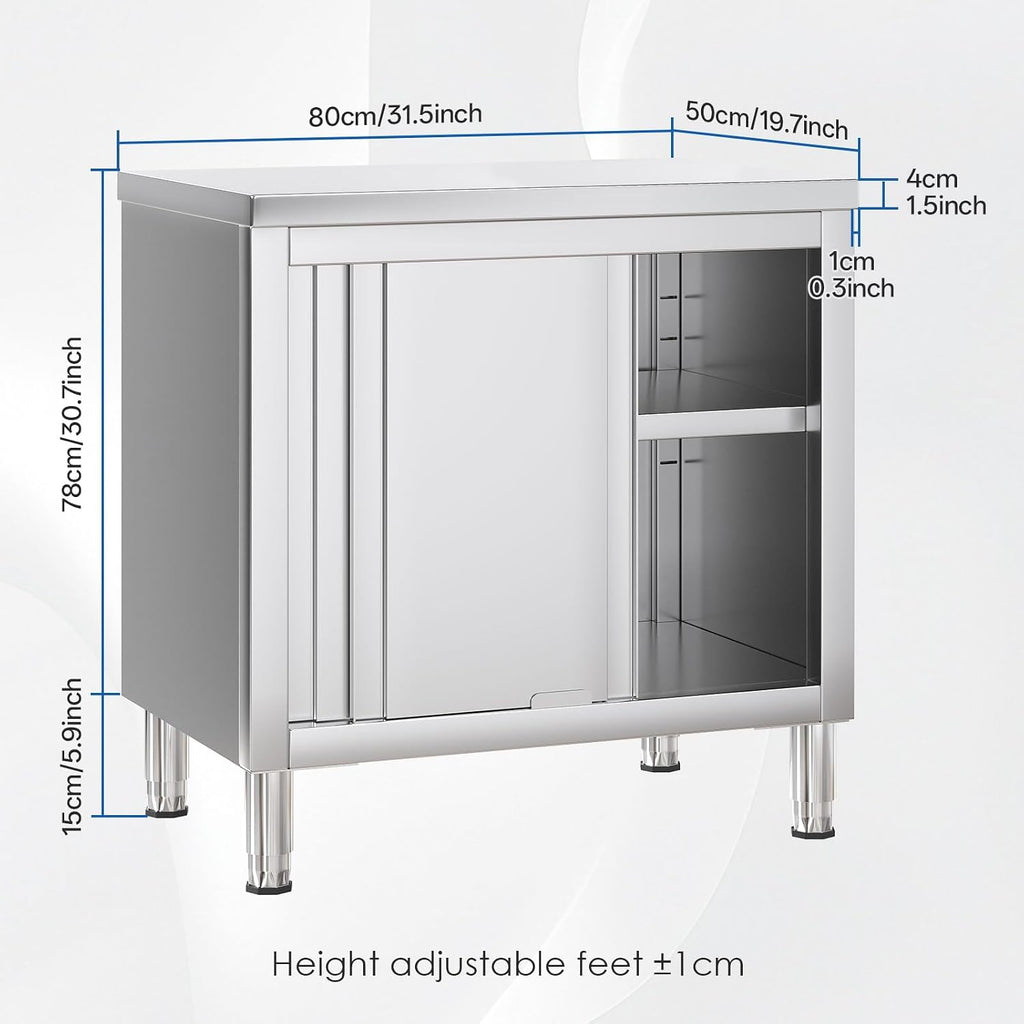 Stainless Steel Work Table with Cabinet 31'x20',Commercial Kitchen Workbench with Sliding Doors for Prep Work, Heavy Duty Prep Table for Restaurant,Garage,Warehouse