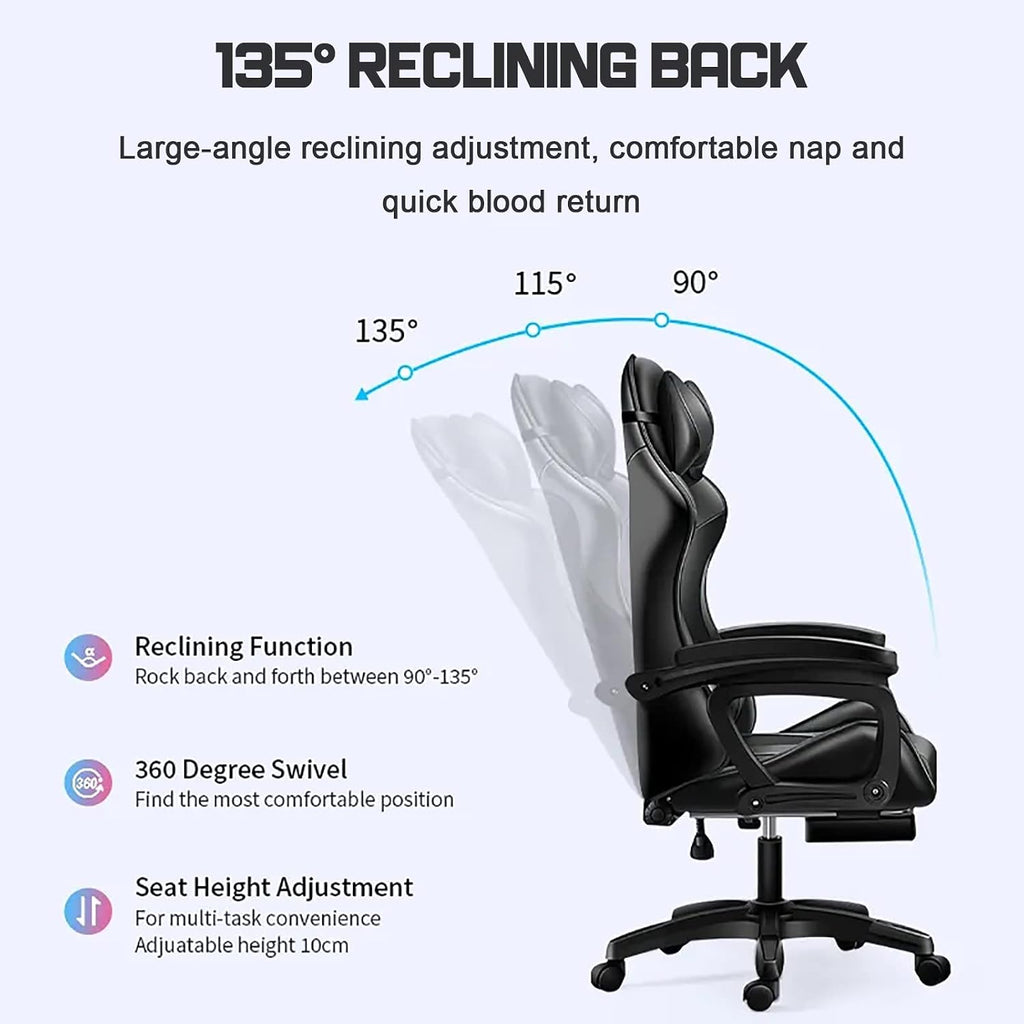 RGB Gaming Chair with Speakers, Massage Computer Chair Ergonomic Racing Game Chairs for Teens PU Leather Recliner Swivel Gamer Chair with Lumbar Support Headrest Armrest and Footrest,Black