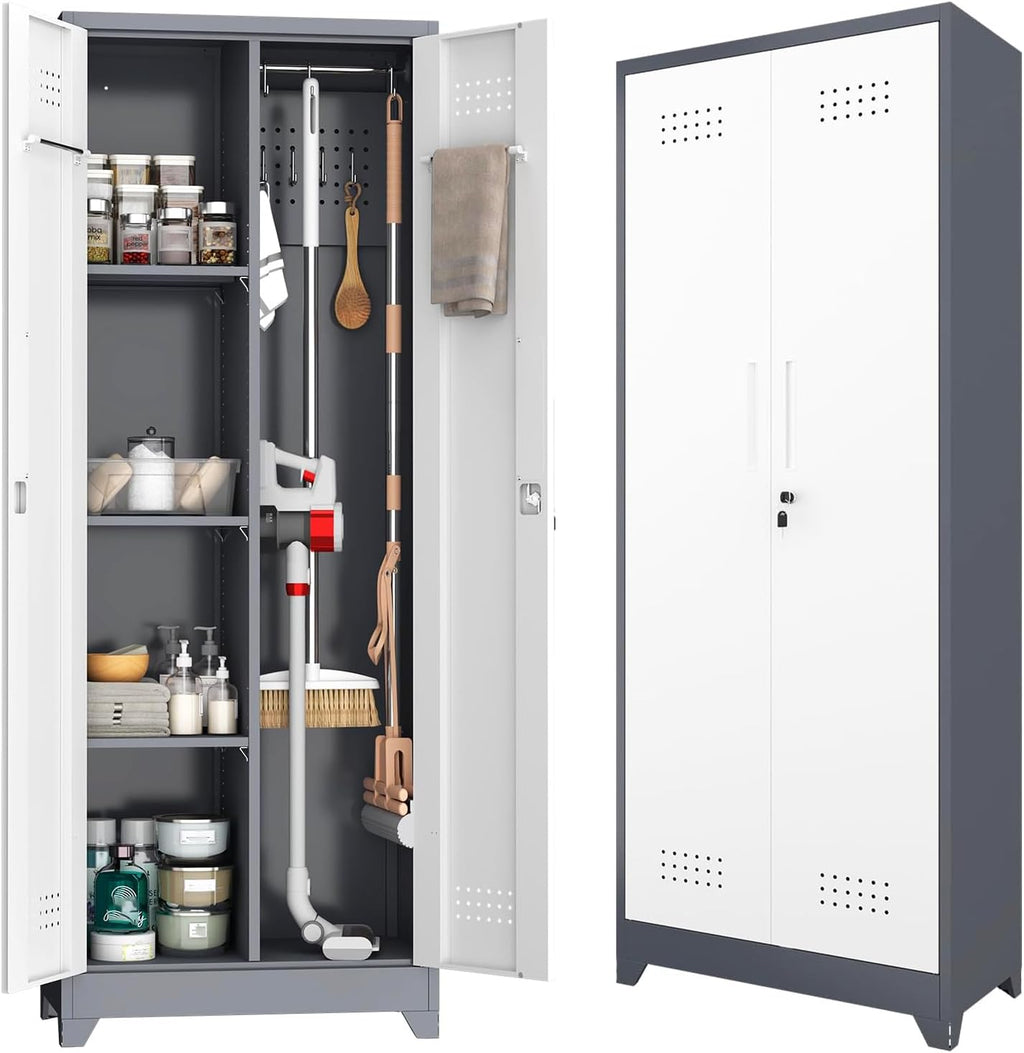 Metal Storage Cabinet with Lockable Doors, 65' Steel Utility Cabinet for Garage & Home Office, Tall Broom Closet with Adjustable Shelves, Vents & Cable Hole for Tools, White/Grey