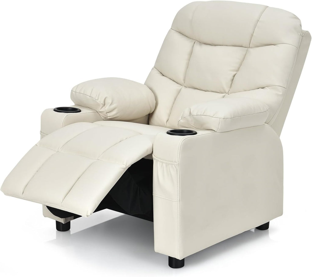 MAT EXPERT Kids Recliner, Leather Adjustable Reading Gaming Chair w/ 2 Cup Holder, 3 Side Pocket Storage & Footrest, Kids Couch Toddler Lounge Chair for Boys Girls, Kids Room Playroom Nursery (Beige)
