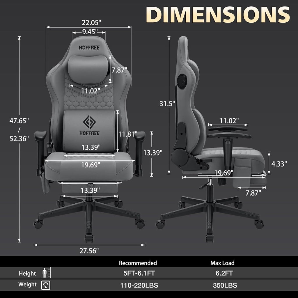 HOFFREE Gaming Chair with Bluetooth Speakers Massage Gaming Chairs for Adults Suede Fabric 165° Reclining Ergonomic Computer Chairs with Footrest Pocket Spring Cushion High Back Gamer Chair Grey
