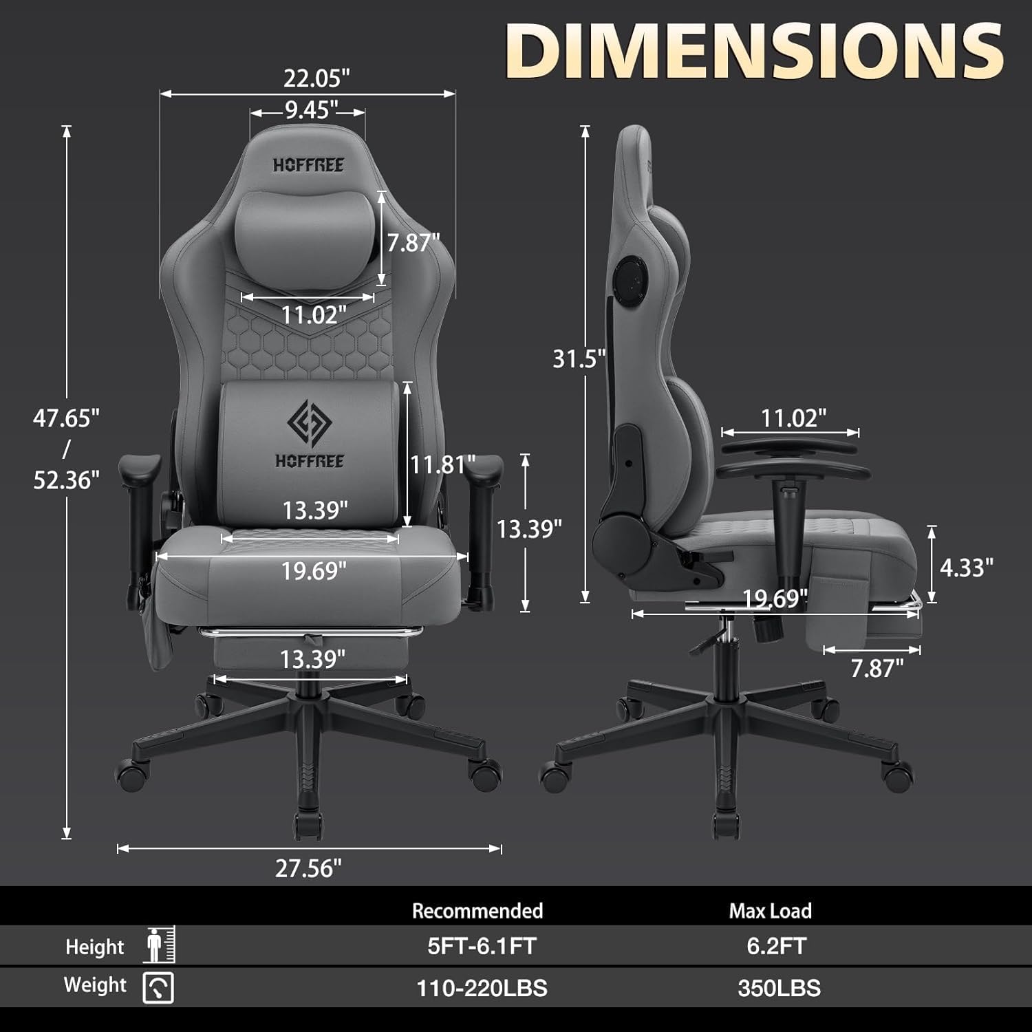 HOFFREE Gaming Chair with Bluetooth Speakers Massage Gaming Chairs for Adults Suede Fabric 165° Reclining Ergonomic Computer Chairs with Footrest Pocket Spring Cushion High Back Gamer Chair Grey