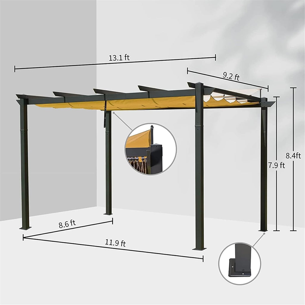 13 x 9 Ft Outdoor Patio Retractable Pergola with Canopy, Aluminum Sunshelter Pergola Grill Gazebo, Modern Sun Shelter Pergola for Gardens, Terraces, Backyard, Dark Grey+Khaki