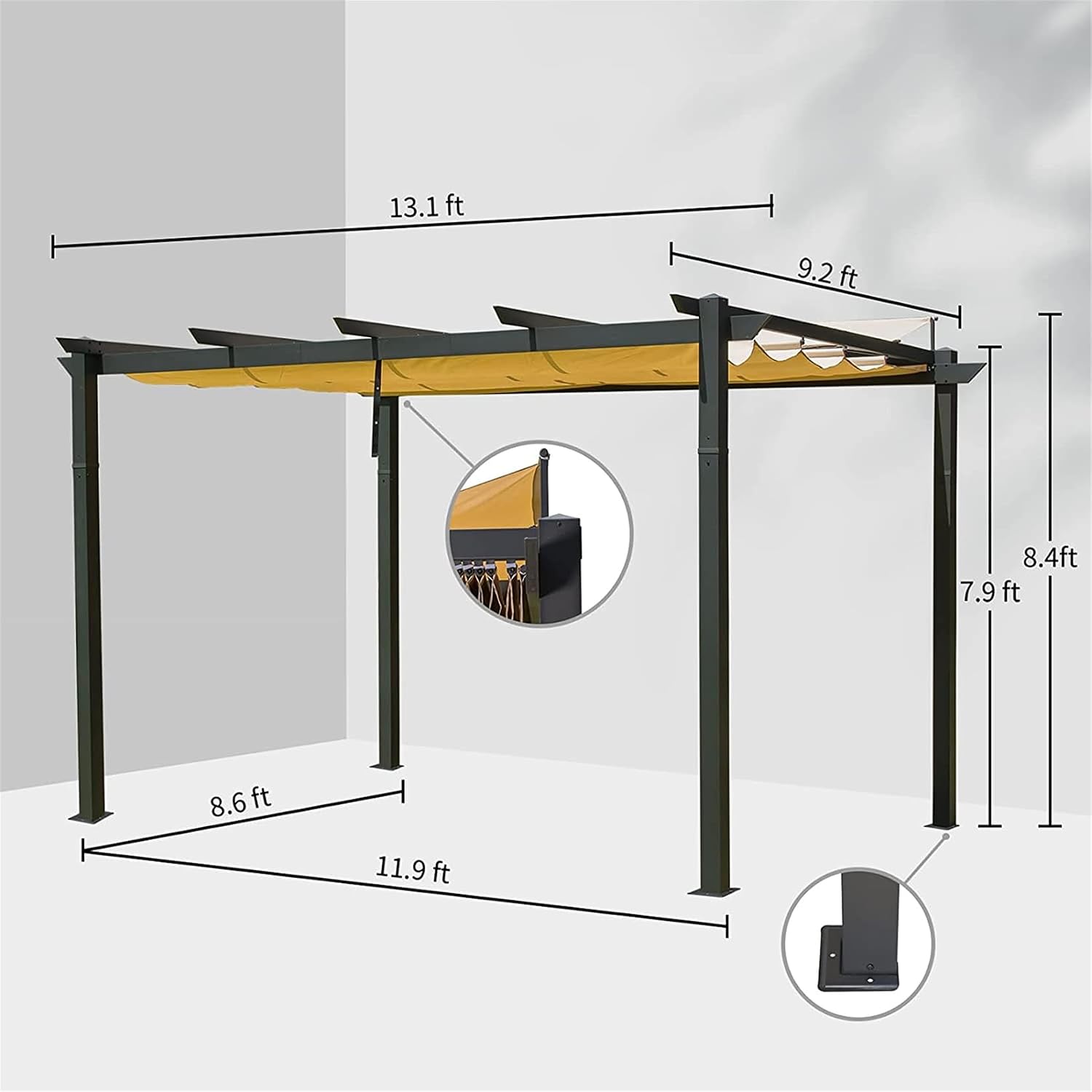 13 x 9 Ft Outdoor Patio Retractable Pergola with Canopy, Aluminum Sunshelter Pergola Grill Gazebo, Modern Sun Shelter Pergola for Gardens, Terraces, Backyard, Dark Grey+Khaki