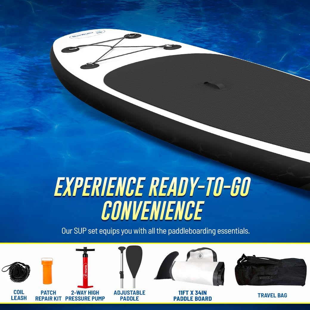 Blue Water Toys Portable Inflatable Stand Up Paddle Board Kit | 11ft x 34in Nylon & Mesh Inflatable Paddle Board with 100% UV-Resistant EVA Pad, Pump, Backpack, Coil Leash & Repair Kit (Black/White)