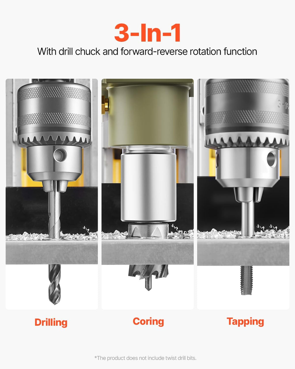 VEVOR Magnetic Drill, 1200W Motor 1.6 in Boring Diameter, 2810 lbf Electric Mag Drill Press, with 2 Coring Bits, Variable Speed, Drilling Machine for Metal Surface, Home Improvement Industry, Yellow