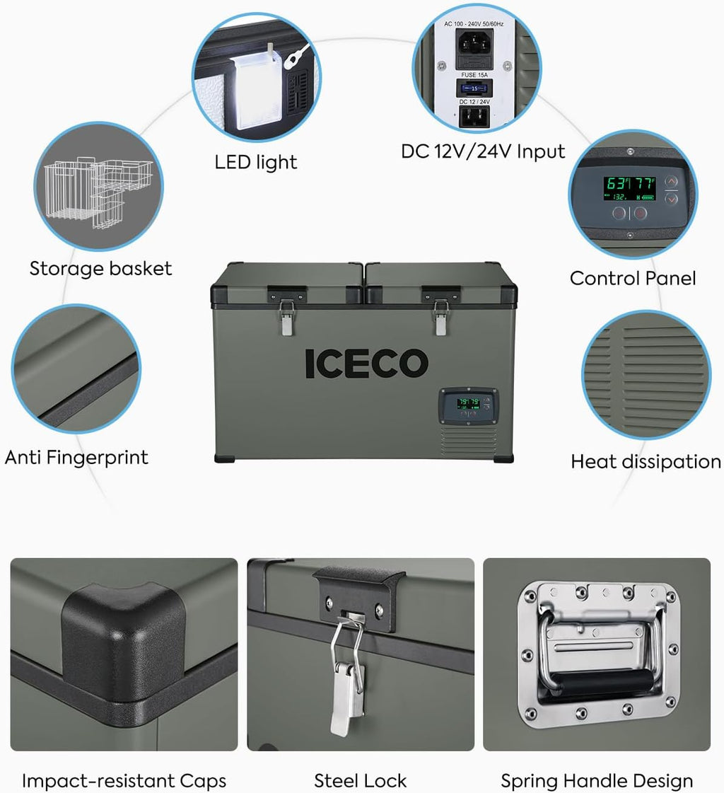 ICECO VL60 Dual Zone Portable Refrigerator with SECOP Compressor, 60 Liters Platinum Compact Refrigerator, DC 12/24V, AC 110-240V, 0℉ to 50℉, Home & Car Use (with Insulated Cover)