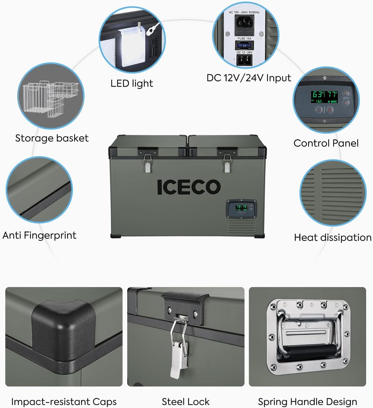 ICECO VL60 Dual Zone Portable Refrigerator with SECOP Compressor, 60 Liters Platinum Compact Refrigerator, DC 12/24V, AC 110-240V, 0℉ to 50℉, Home & Car Use (with Insulated Cover)