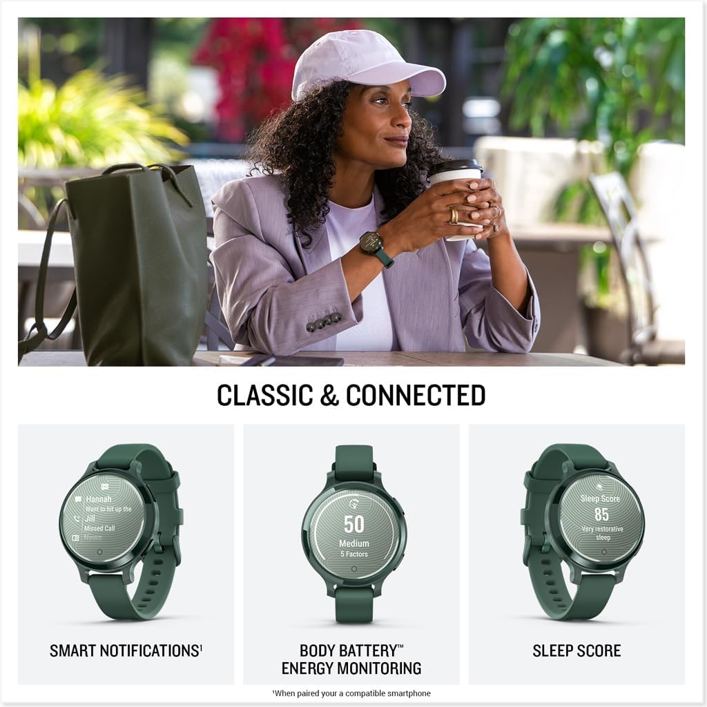 Garmin Lily 2 Active Small and Stylish Smartwatch Up to 9 Days Battery Life Built-in GPS Hidden Display Patterned Lens Purple Jasmin 010-02891-01 Health and Fitness Smart Watch Bundle for Women